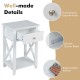White storage end bedside nightstand featuring a slide-out drawer and bottom shelf for convenient organization.